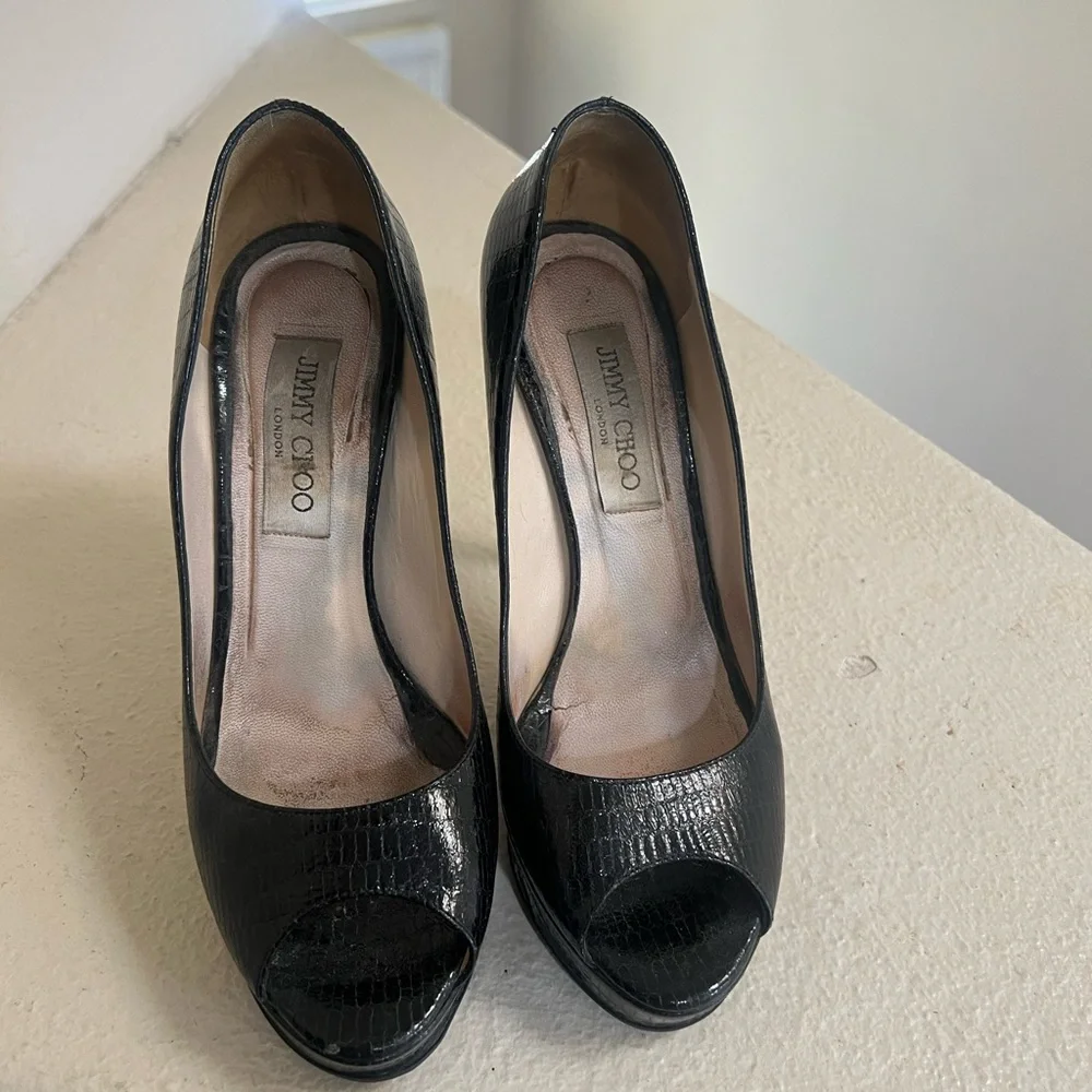 Jimmy Choo Black Python Leather Open toes‎ heels Pumps . Size 37.5 US 7.5